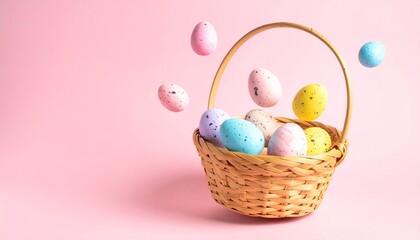 Fototapeta premium Colorful Easter eggs bounce joyfully from a woven basket, copy space area