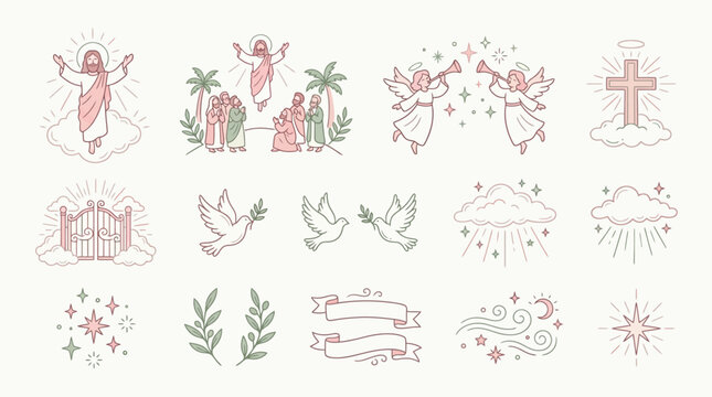 A collection of Christian religious symbols and motifs in line art style, depicting Jesus, angels, crosses, doves, and heavenly elements.