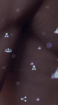 Vertical video: Playback starting social overlay shifting icons into linked nodes over blurred skin