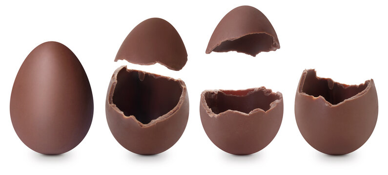 Broken chocolate eggs isolated on white, set. Sweet dessert