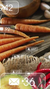 Badges popping over thin carrots on table, play, mail, follower counts changing, showing food ads