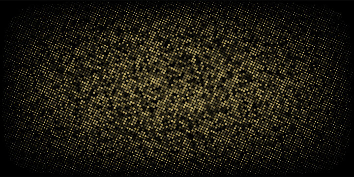 Abstract luxury banner with golden glittering dots on black background. Sparkling glitter bottom border, vector frame. Halftone effect. Magical gold dust. Pop art style backdrop.