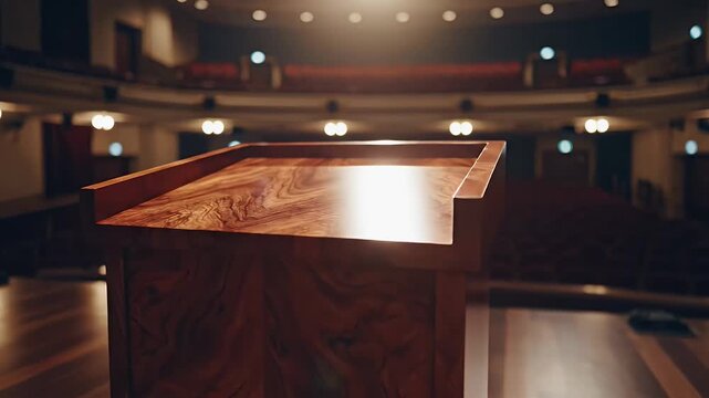 Elegant wooden podium on a polished stage bathed in soft theater lighting and empty seats