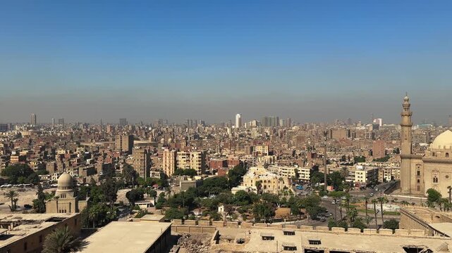 Wide Aerial View of Islamic Cairo and Downtown Skyline from Saladin Citadel Observation Point
