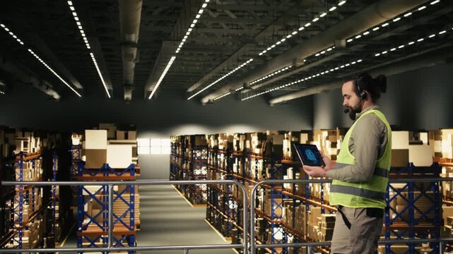 Male employee operating AI-powered systems on tablet, managing customer service calls for parcel tracking info. Man ensuring order fulfillment with artificial intelligence, machine learning.