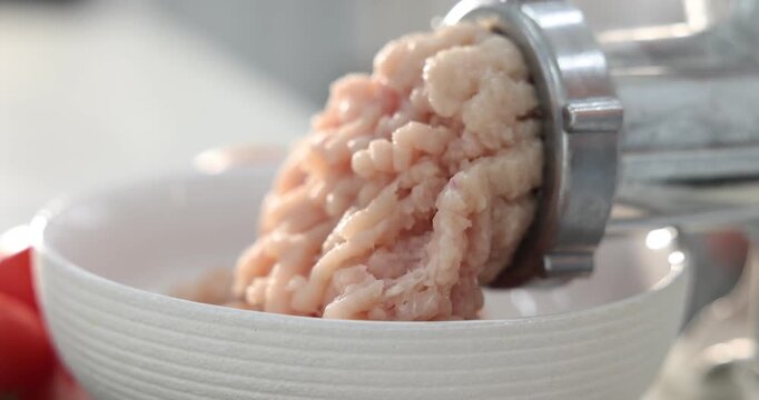 Making minced meat with grinder indoors, closeup