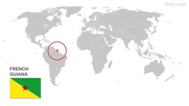 French Guiana Map Video, highlighted in world map with national flag and borders, perfect for presentations, travel, education, geography, and global studies.