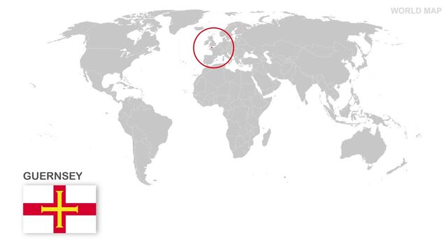Guernsey Map Video, highlighted in world map with national flag and borders, perfect for presentations, travel, education, geography, and global studies.
