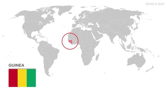 Guinea Map Video, highlighted in world map with national flag and borders, perfect for presentations, travel, education, geography, and global studies.