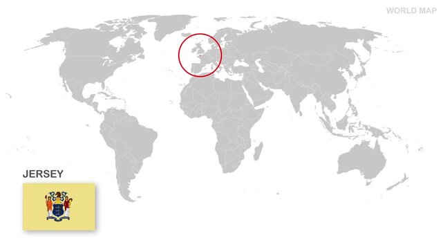 Jersey Map Video, highlighted in world map with national flag and borders, perfect for presentations, travel, education, geography, and global studies.