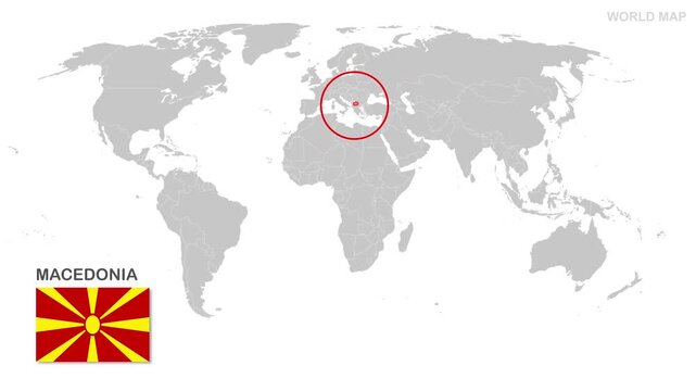 Macedonia Map Video, highlighted in world map with national flag and borders, perfect for presentations, travel, education, geography, and global studies.