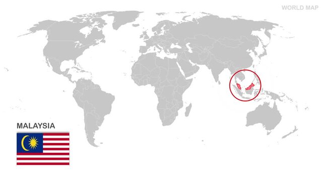 Malaysia Map Video, highlighted in world map with national flag and borders, perfect for presentations, travel, education, geography, and global studies.