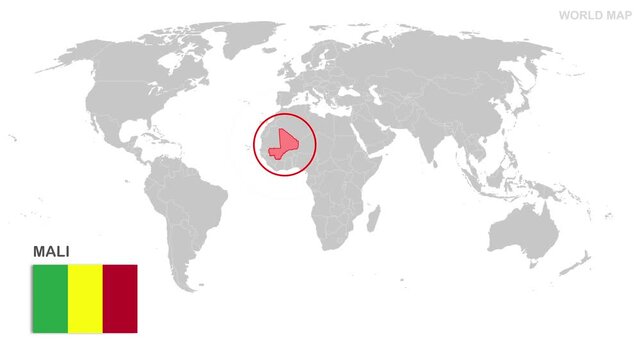 Mali Map Video, highlighted in world map with national flag and borders, perfect for presentations, travel, education, geography, and global studies.