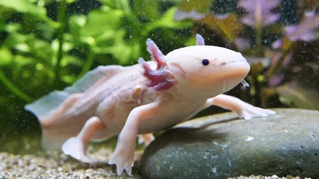 A close-up shot of a pale pink axolotl gently moving across a smooth rock in a clear aquarium, surrounded by soft green aquatic plants.