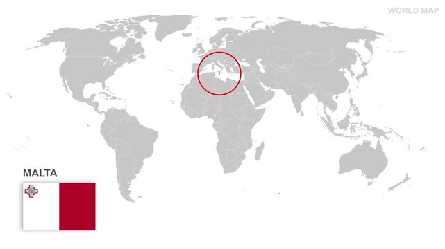 Malta Map Video, highlighted in world map with national flag and borders, perfect for presentations, travel, education, geography, and global studies.
