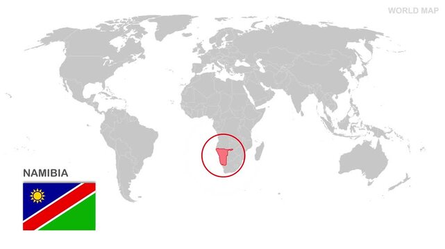Namibia Map Video, highlighted in world map with national flag and borders, perfect for presentations, travel, education, geography, and global studies.