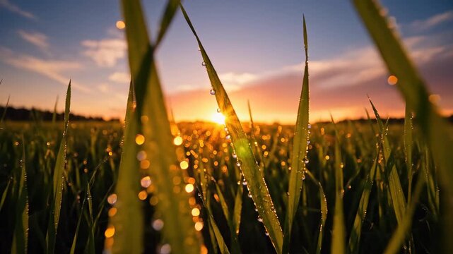 Morning dew on grass at sunrise