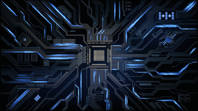 Technological background with blue and gold traces on a circuit with glowing energy and a microprocessor socket. Abstract conceptual digital background with a printed circuit.