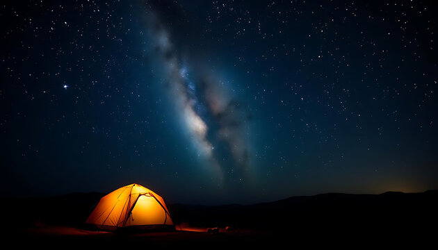 An orange-lit tent sits centered on a barren horizon as a blue-black sky sparkles with stars, and a sweeping cloudy searchlight cuts diagonally, evoking suspense and peaceful survival, 4K HD.