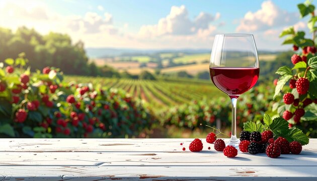 A wine glass sits on a clean white wooden table, with a summer berry field as a backdrop, and space left for a message.