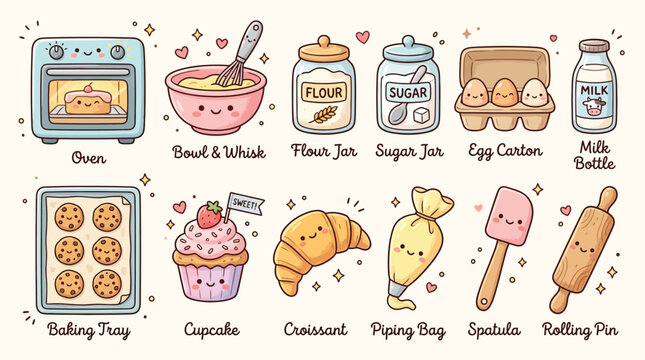Cute cartoon illustration of baking ingredients, kitchen tools, and sweet baked goods with adorable kawaii faces.