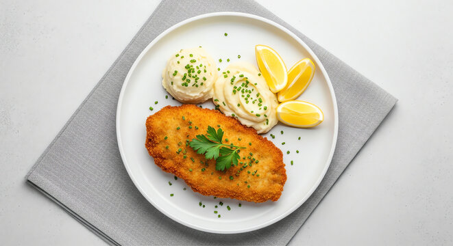 Top view of a crispy golden breaded schnitzel served with creamy mashed potatoes, lemon wedges, and fresh herbs on a white plate.