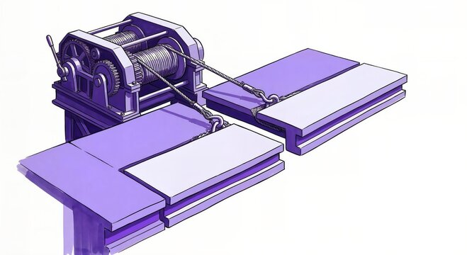 Sketch ink style purple winch mechanism pulling separated platform slabs illustrating enterprise data migration and system consolidation