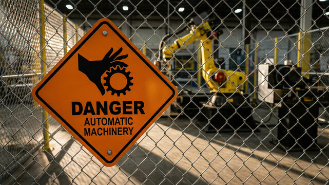 Danger automatic machinery warning sign on a chain link fence in front of a blurred industrial robot, emphasizing factory safety and risk.