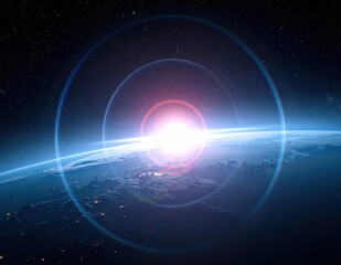 Fototapeta premium Stunning View of Earth from Space with Bright Sun and Radiant Light Effects over Horizon