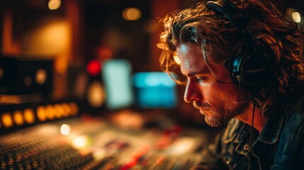 Obraz premium Audio engineer works intently in studio during warm evening light, focusing on mixing console