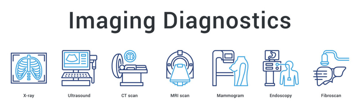 Imaging diagnostics banner web icon utilizes advanced scanning technologies for internal body visualization and detection.