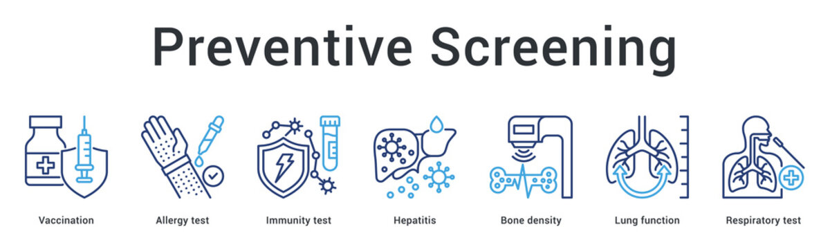 Preventive screening banner web icon provides immunization and testing for disease prevention and early detection.