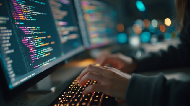 Programmer codes at modern workspace with colorful code on screen in soft light during evening hours