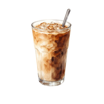 A watercolor iced latte coffee glass, featuring creamy milk mixed with espresso and ice cubes in a clear glass with spoon, isolated on a transparent background.