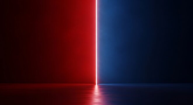 Vertical neon light divides a dark room into red and blue halves with reflections