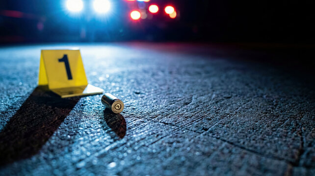 A bullet casing and evidence marker on dark asphalt, lit by police car lights, representing crime investigation, violence, and serious consequences.