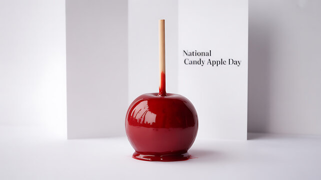 A glossy red candy apple on a stick, displayed against a minimalist white background with text reading 'National Candy Apple Day'.