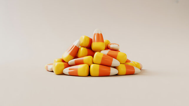 A pile of candy corn candies arranged in a small mound on a neutral background