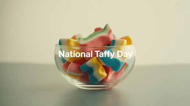 A glass bowl filled with colorful taffy candies celebrating National Taffy Day