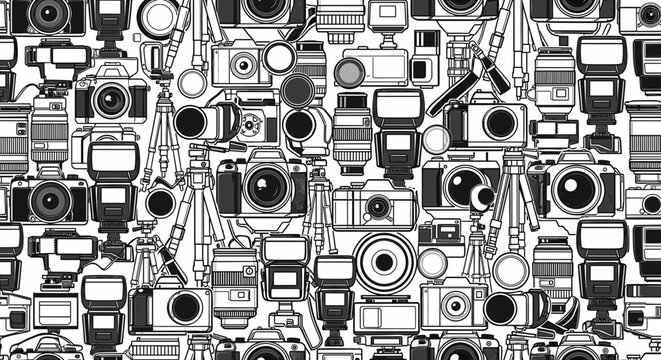 A black and white vector graphic illustration of various camera icons and equipment in a seamless pattern design