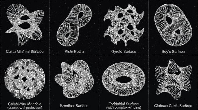 Advanced mathematical surface wireframe collection with complex geometric shapes and patterns on black background