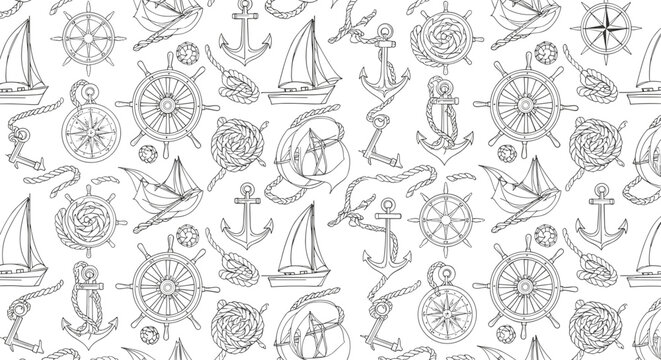 A nautical-themed vector graphic illustration featuring various sailing and marine icons in a seamless pattern design.