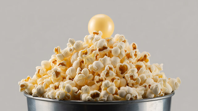 A mound of popcorn in a metal container with a single golden kernel on top