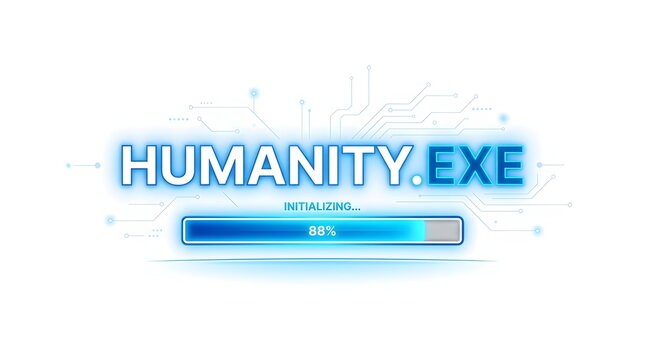 A digital loading screen showing "HUMANITY.EXE" with an initializing progress bar at 66% completion, set against a futuristic circuit background.