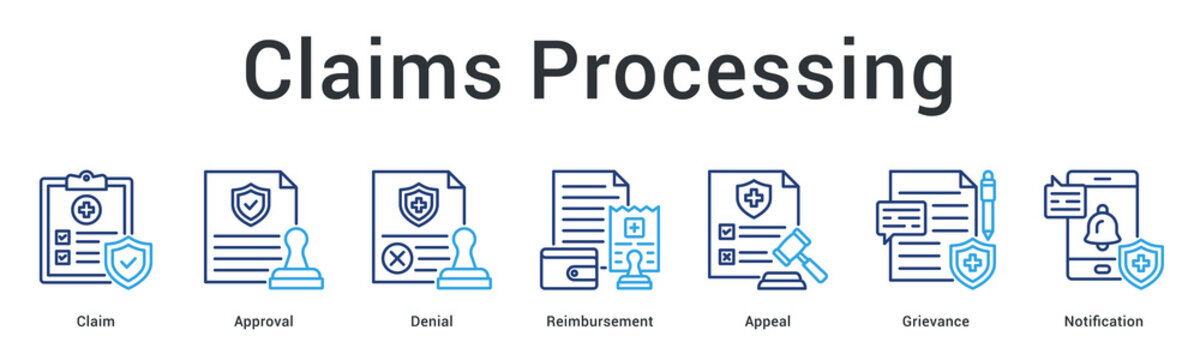 Claims processing banner web icon manages approval, denial and appeal procedures with notification and reimbursement tracking.