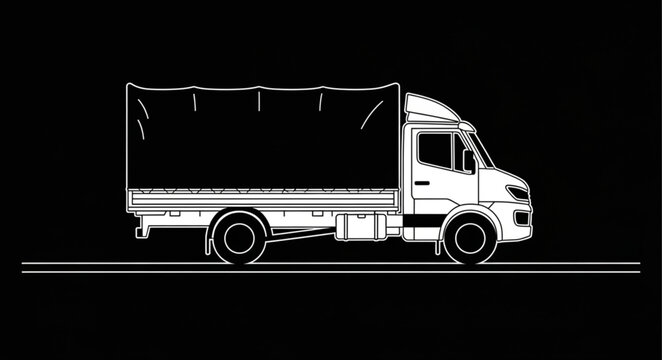 White Line Art Illustration of a Covered Truck on a Road.
