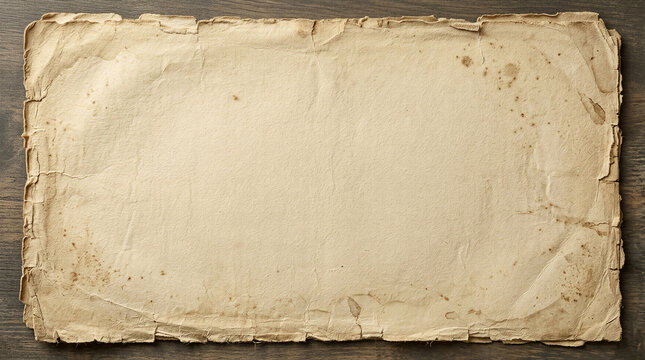 A backdrop of vintage, ancient paper with torn edges and stains on a dark wooden table. Perfect for historical maps, pirate themes, retro scrolls, or treasure hunt concepts.