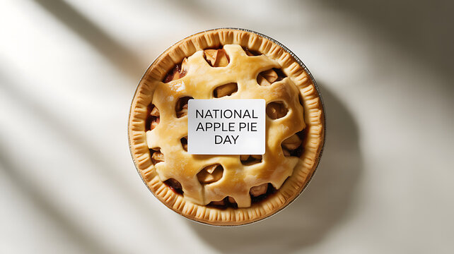 Top-down view of a freshly baked apple pie with a 'National Apple Pie Day' label on top