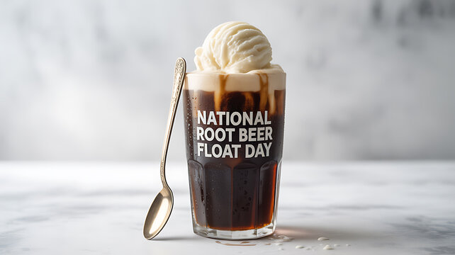 A glass of root beer float with vanilla ice cream and caramel drizzle, labeled 'National Root Beer Float Day', on a marble surface with a spoon beside it.