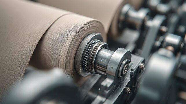 Close-up view of industrial paper roll machine showing details of paper production process in neutral tones with soft lighting effects